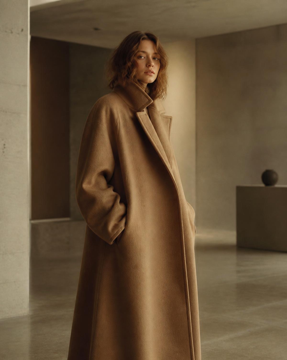 Editorial fashion photograph in a minimal concrete gallery