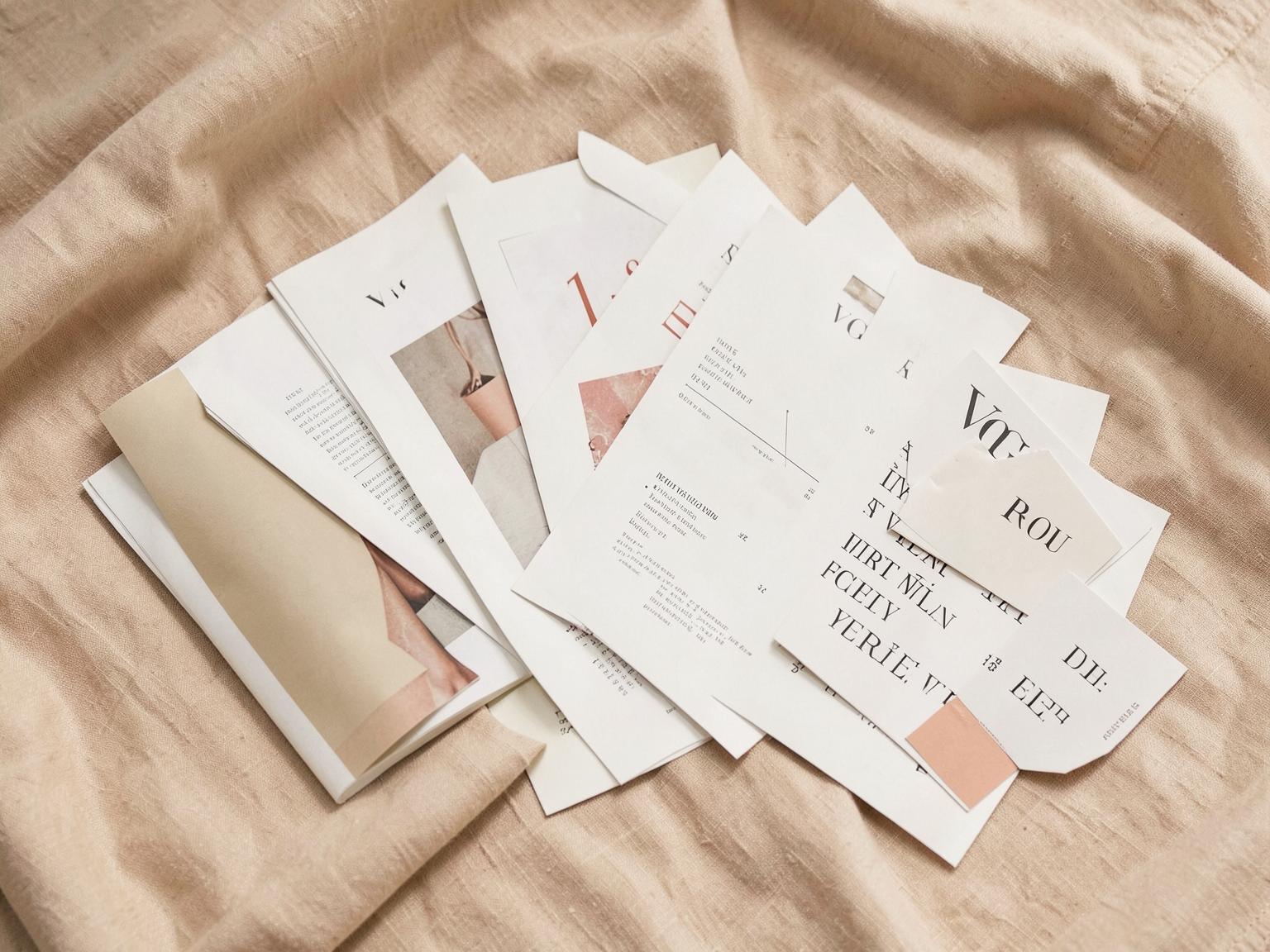 Editorial prints, swatches and typography specimens arranged on linen