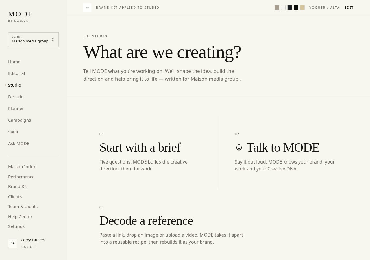 The MODE Studio with brief, voice and decode entry points